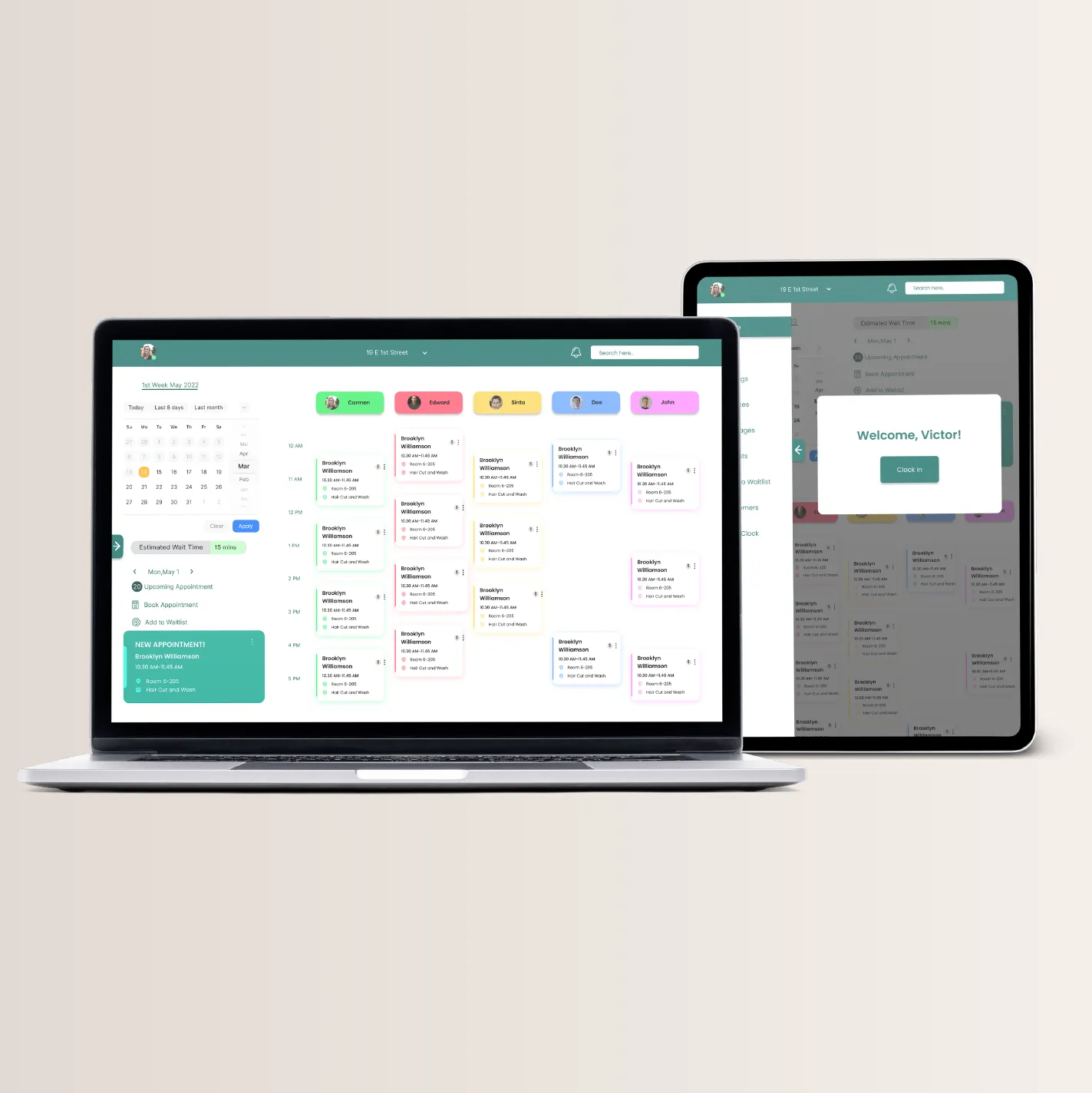 Laptop and tablet showing the salon booking calendar