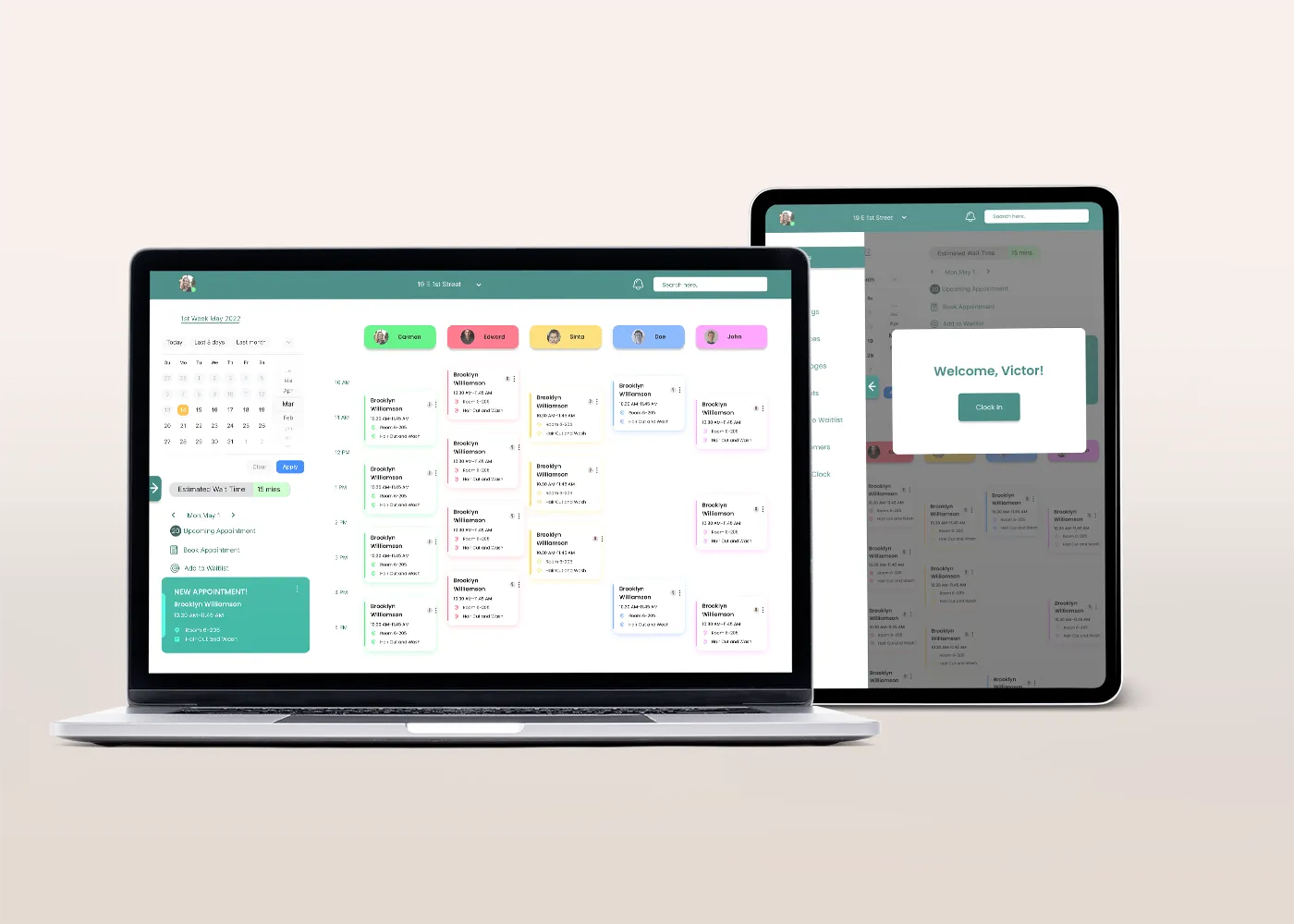 Laptop and tablet showing the salon booking calendar